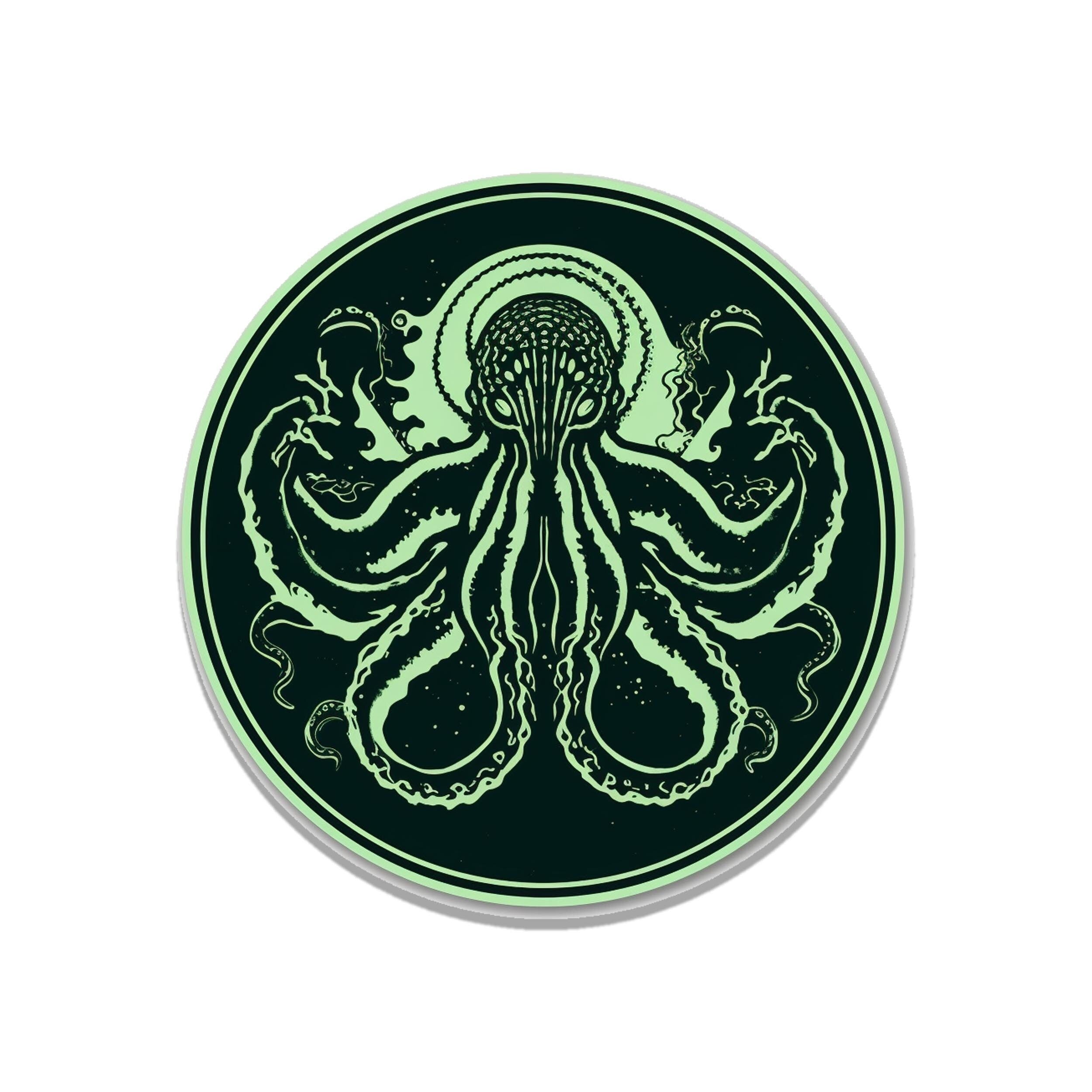 Minimalist Cthulhu sticker with mint green octopus silhouette in dark circular frame, two-tone art style
