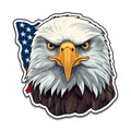 Bold bald-eagle head sticker glaring forward with star-spangled blue flag fanned behind white head feathers
