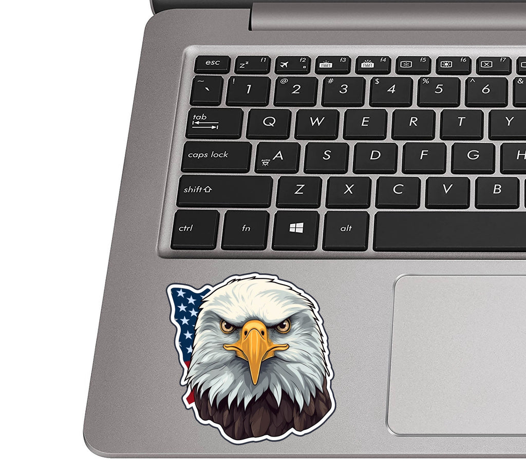 Bald-eagle and flag sticker on a silver laptop palm rest beside a black QWERTY keyboard for size reference