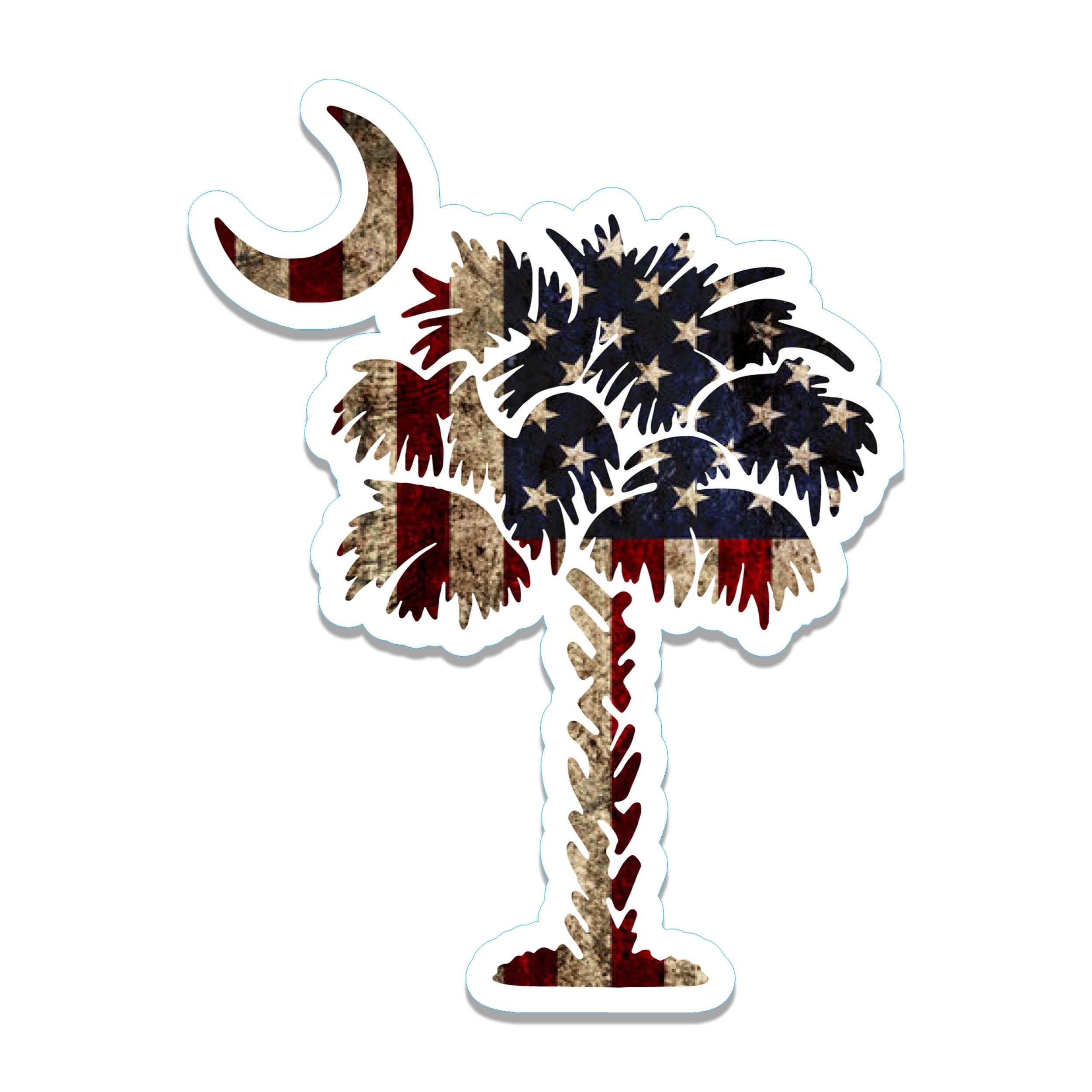 Rustic South Carolina palmetto tree and crescent moon sticker with weathered American flag overlay print