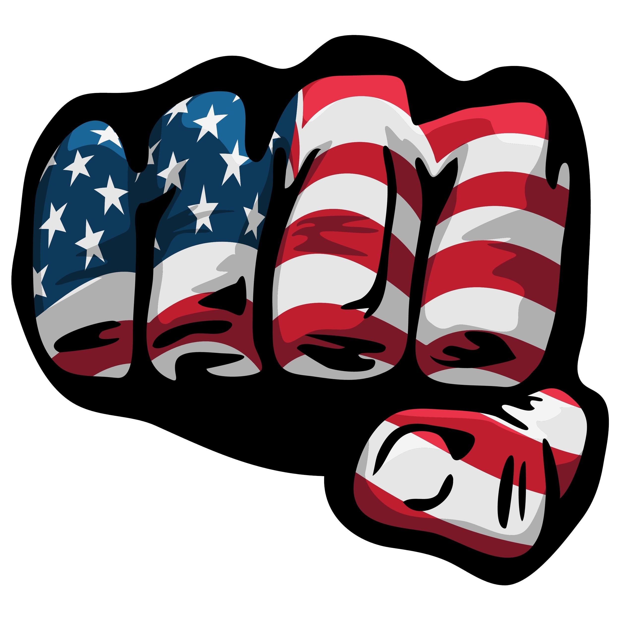 Clenched fist sticker filled with US flag stars-and-stripes pattern in glossy comic style with black border