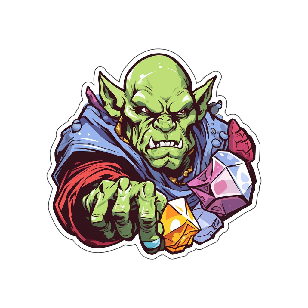 Green goblin lord sticker in blue cloak with red lining holding pink and orange gem-shaped dice in clawed hand