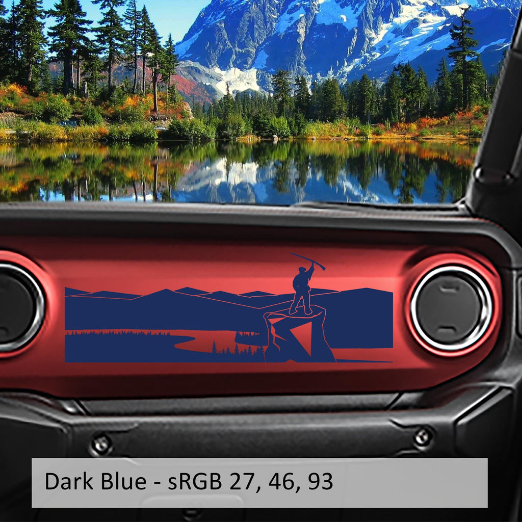 Dark-blue mountaineer dashboard decal shown on red JL/Gladiator dash with sRGB 27 46 93 navy color reference