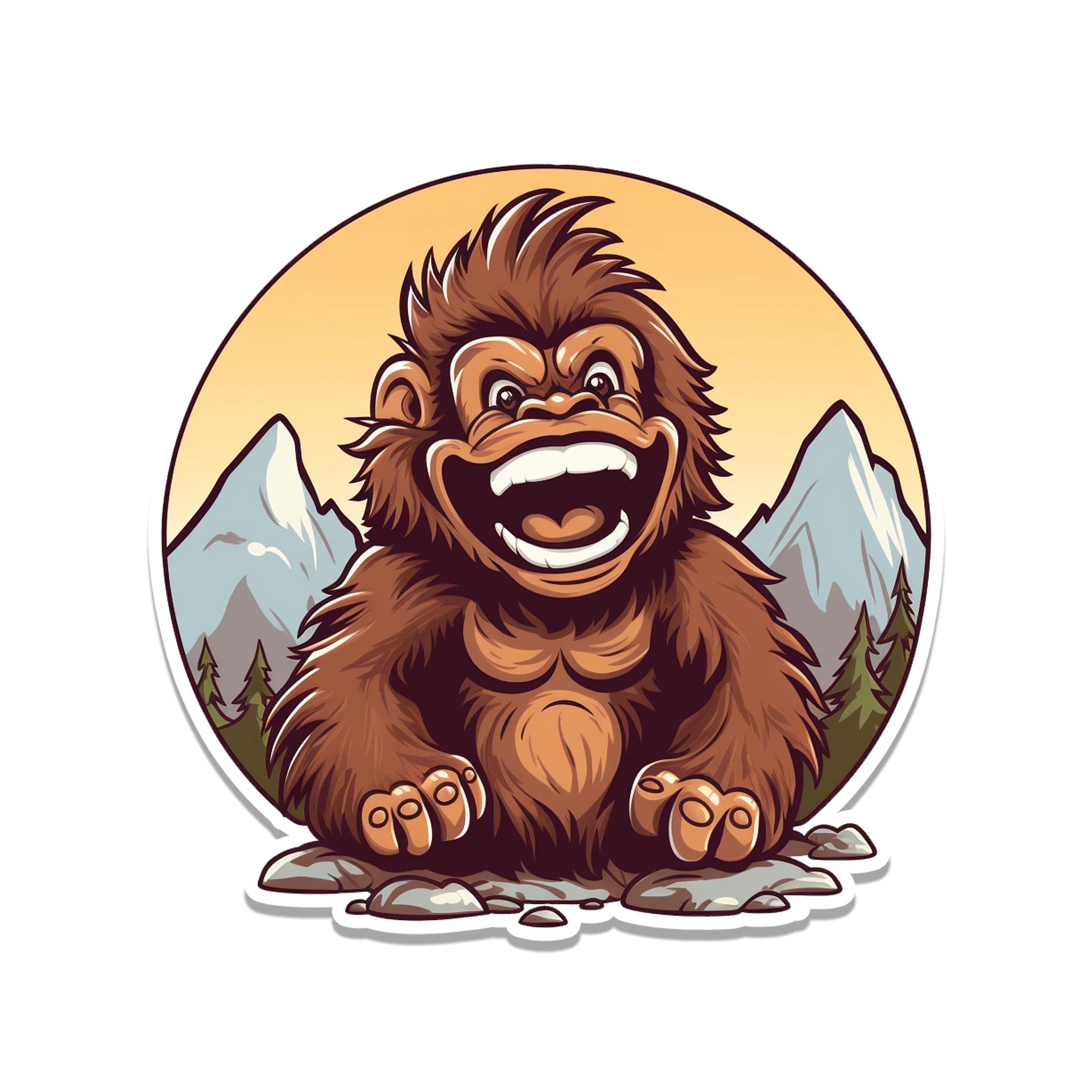 Smiling baby sasquatch round badge sticker with mountains, pine trees, orange sunset, rocky foreground scene