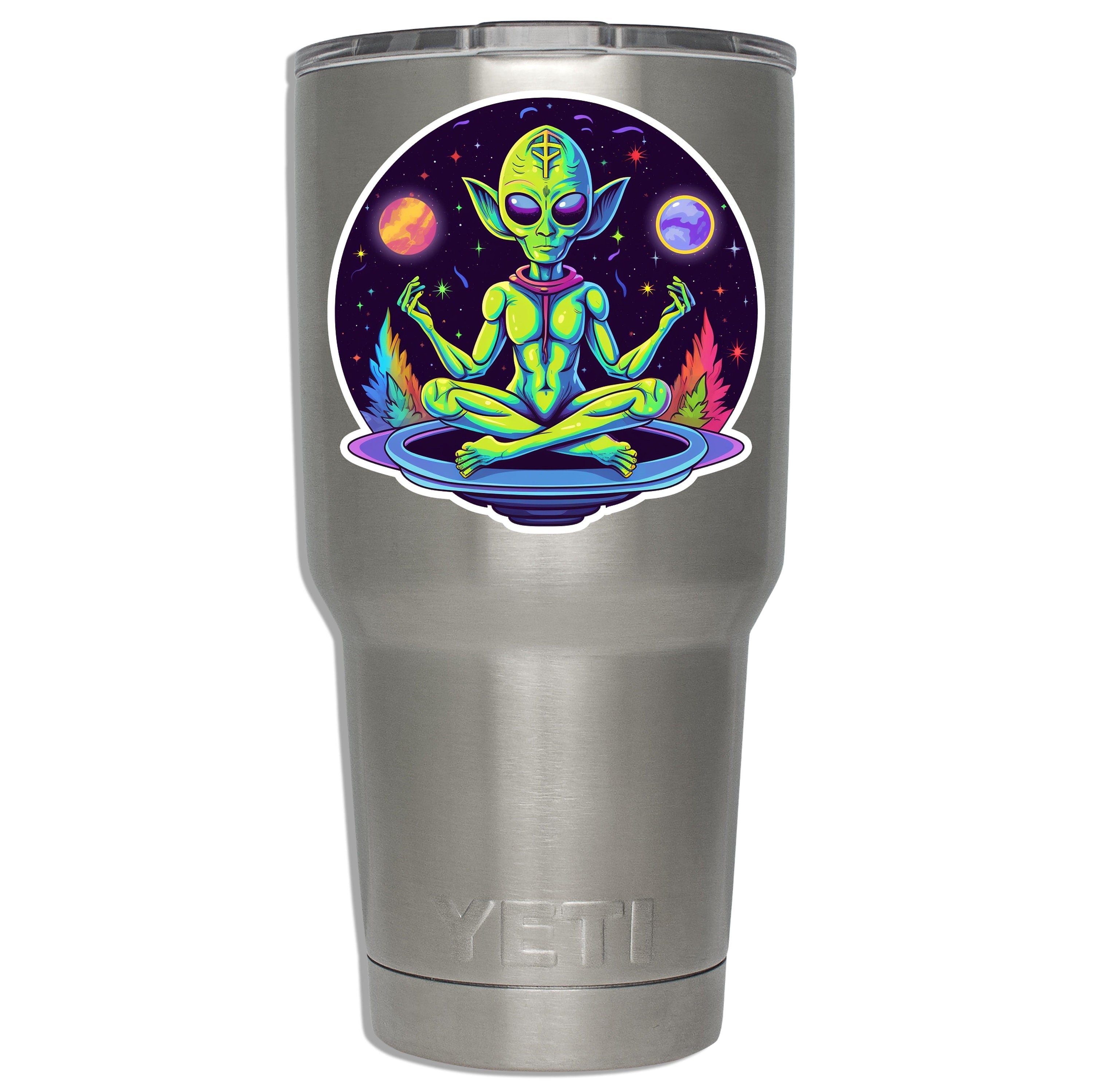 Yoga lotus alien cosmic decal mounted on a stainless YETI tumbler showing size on insulated drinkware tumbler
