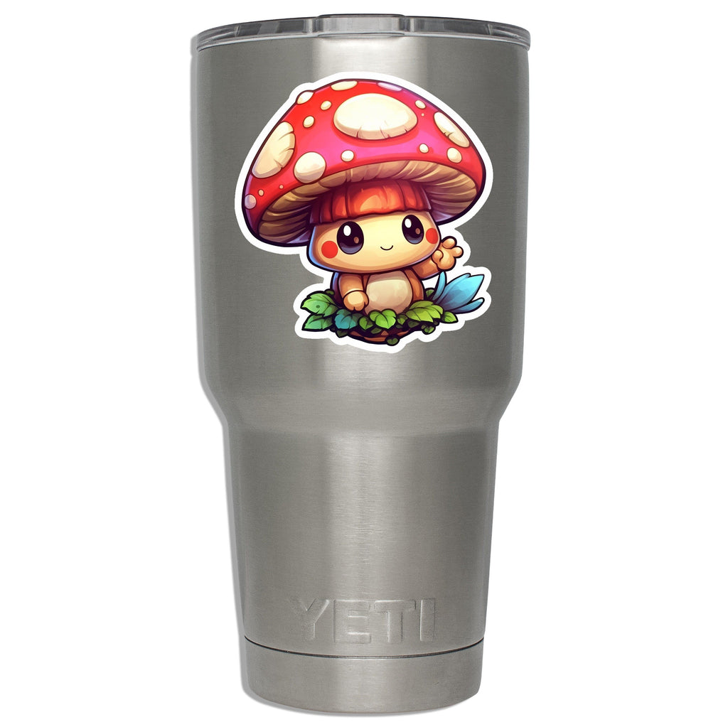 Cute cartoon winged mushroom decal mounted on a stainless YETI tumbler showing fit on insulated tumbler