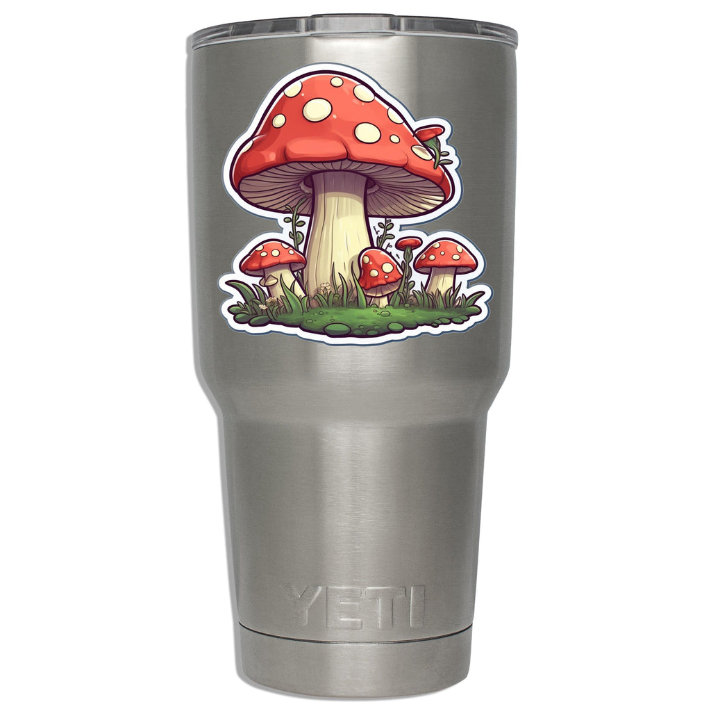 Mushroom patch toadstool decal mounted on a stainless YETI tumbler showing dimensions on insulated cup