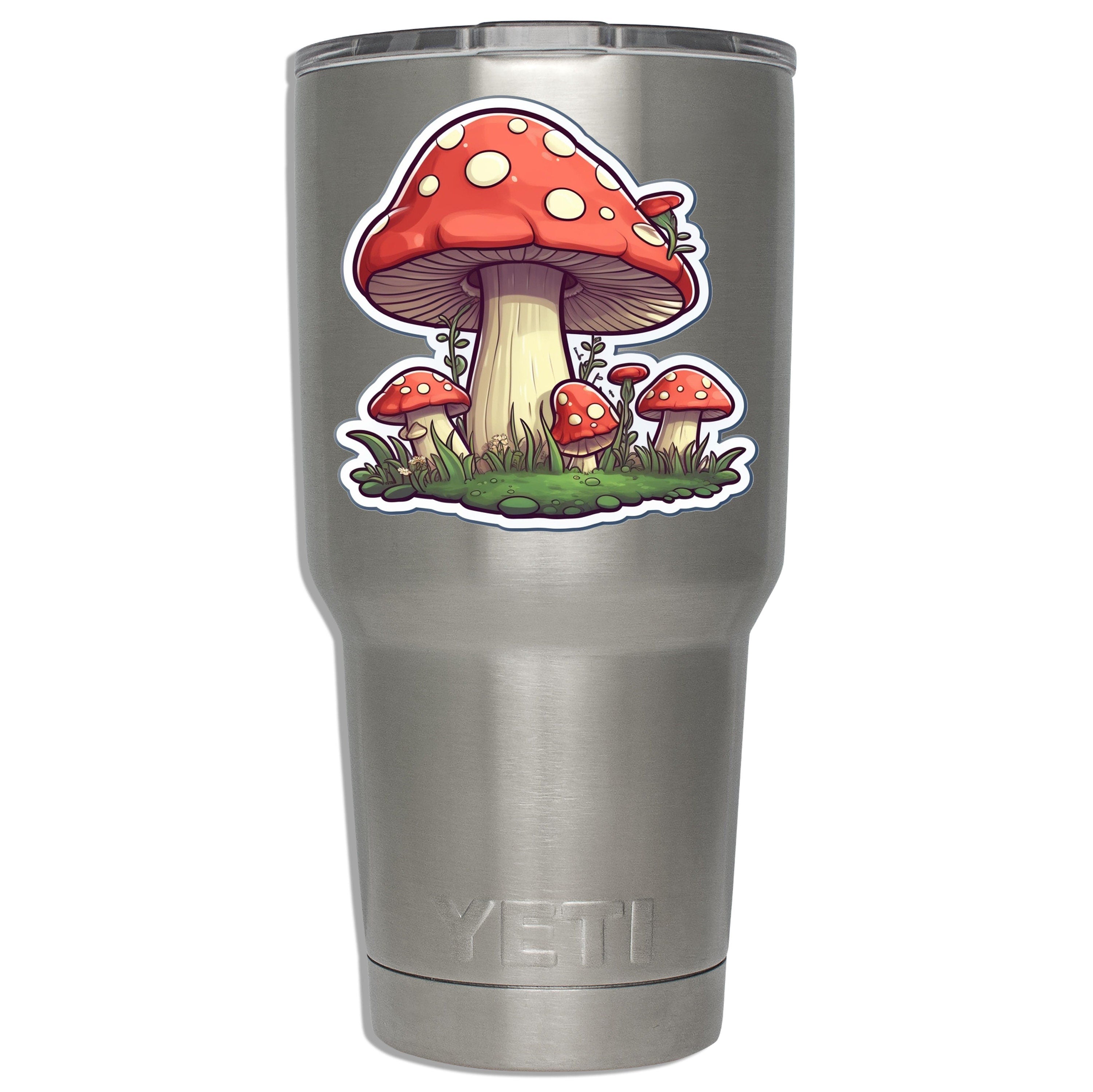 Mushroom patch toadstool decal mounted on a stainless YETI tumbler showing dimensions on insulated cup