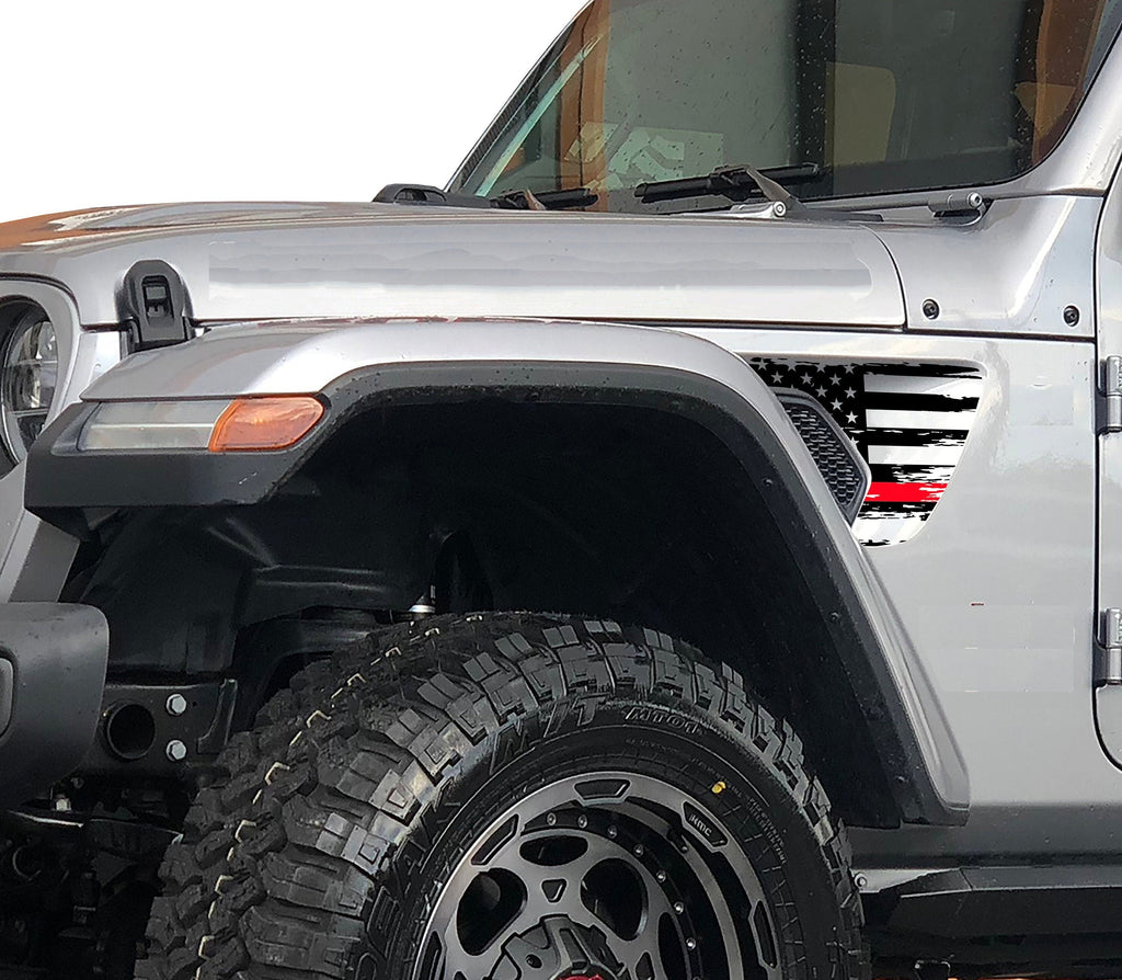 Distressed tattered thin red blue line American flag fender vent decal on Jeep Wrangler