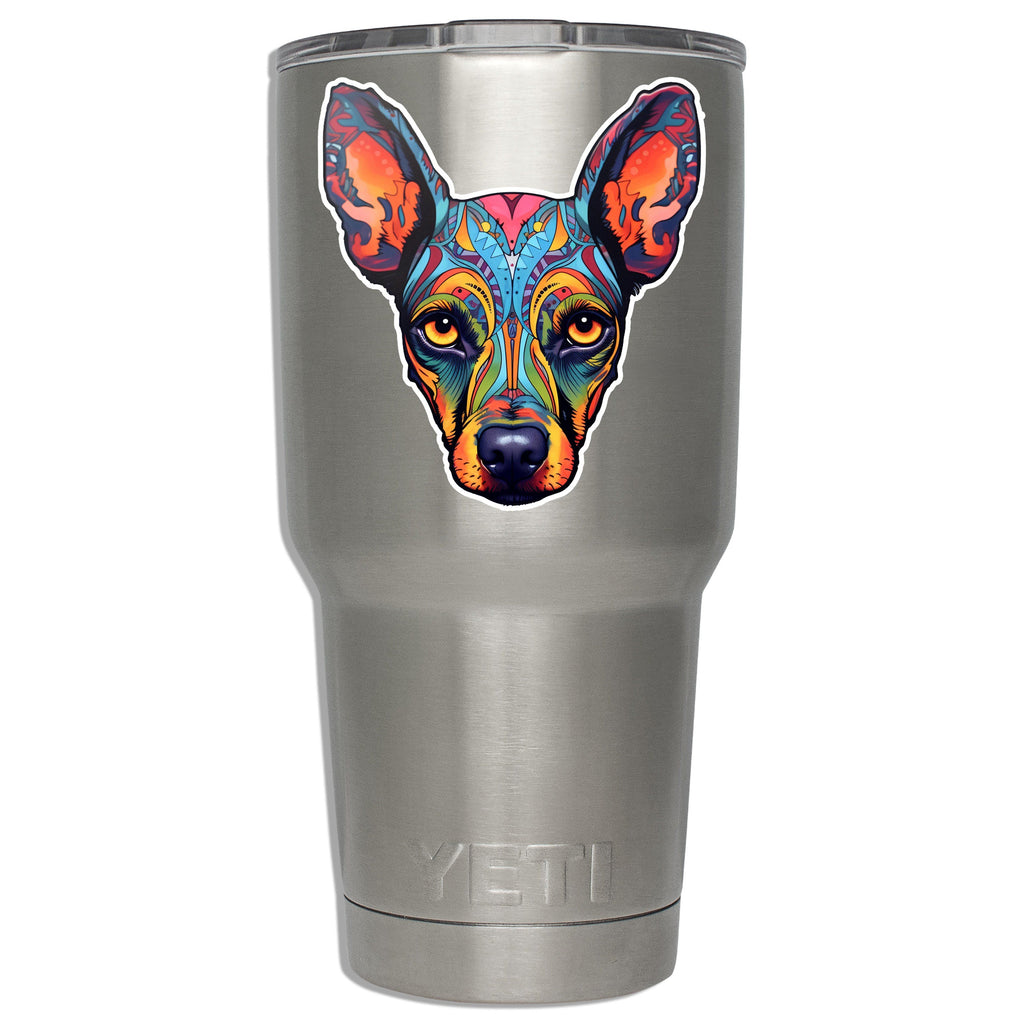 Colorful doberman sugar skull decal mounted on a stainless YETI tumbler showing size on insulated drinkware
