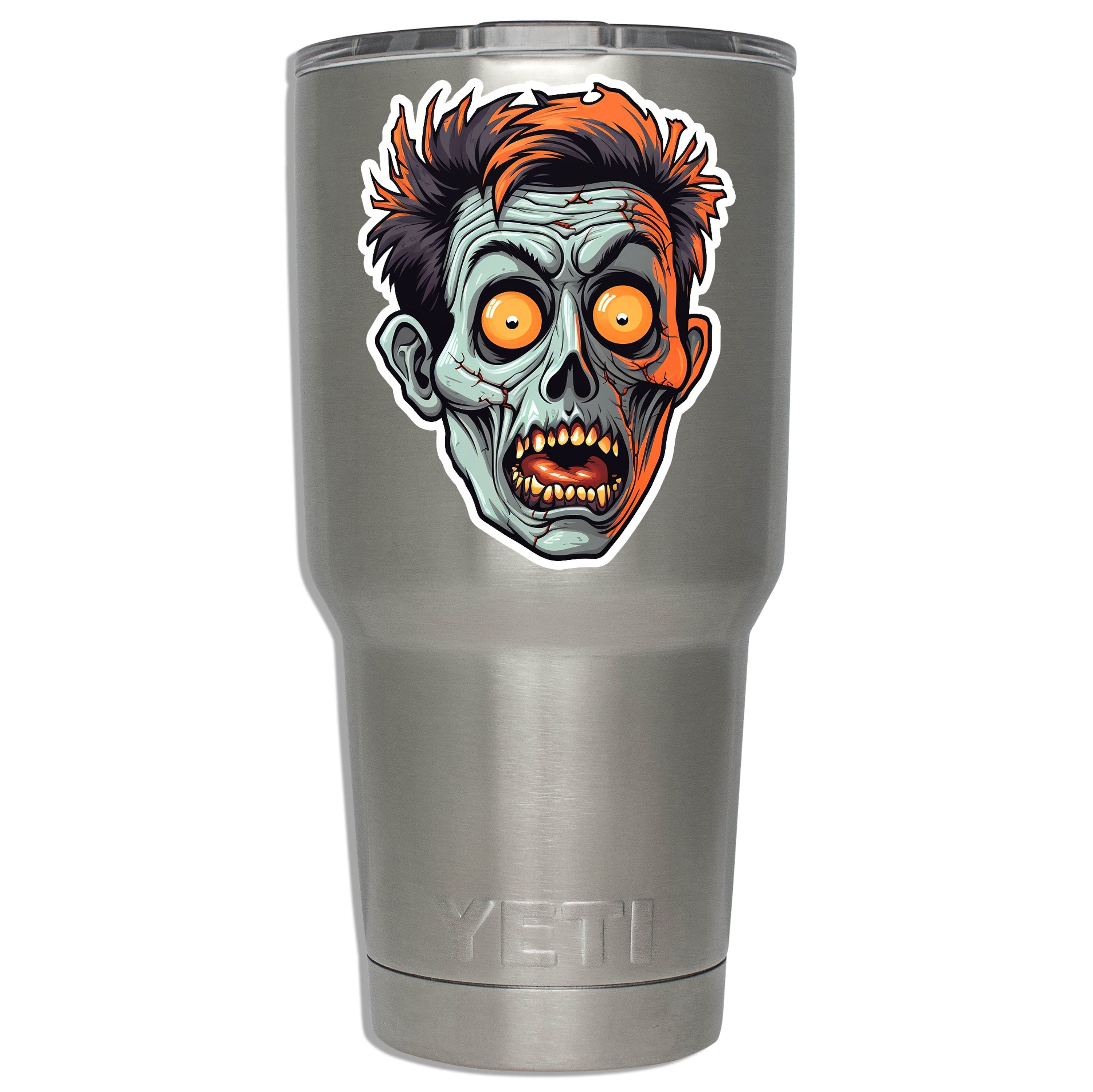 Spooky zombie sticker pressed onto a stainless YETI tumbler so the actual sticker size shows beside the lid