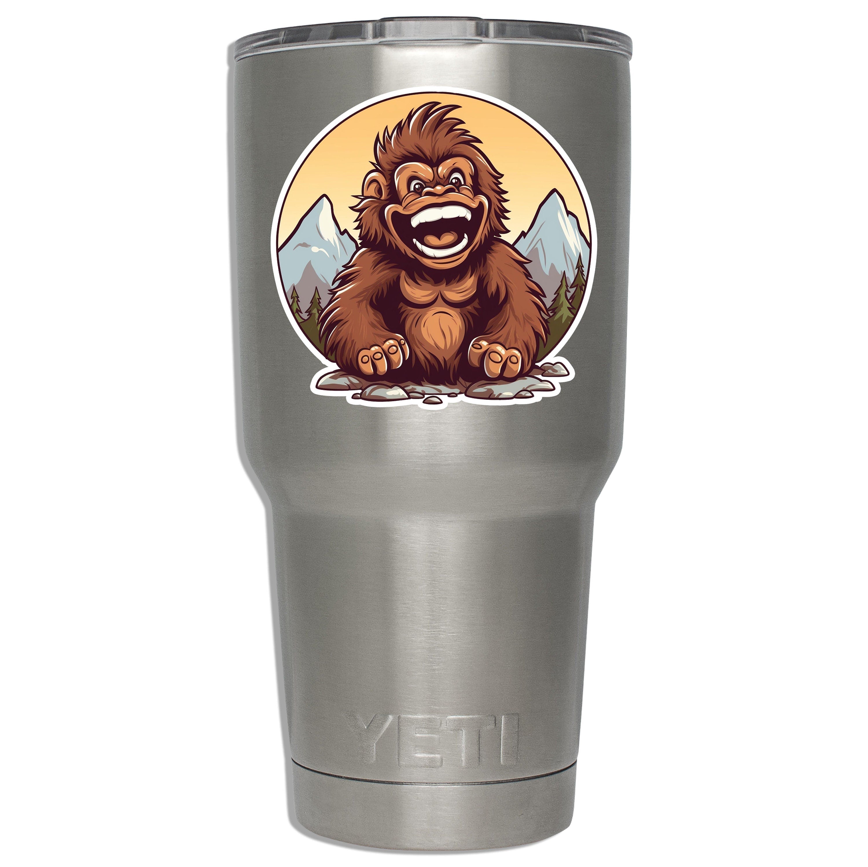 Baby sasquatch circle decal mounted on a stainless YETI tumbler showing size on insulated drinkware in scene