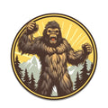 Angry sasquatch round badge sticker with raised fists, yellow sunburst, snowy mountains, evergreen pine trees