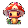 Chibi mushroom sticker with red and cream spotted cap, kawaii face, green leaves, on white background