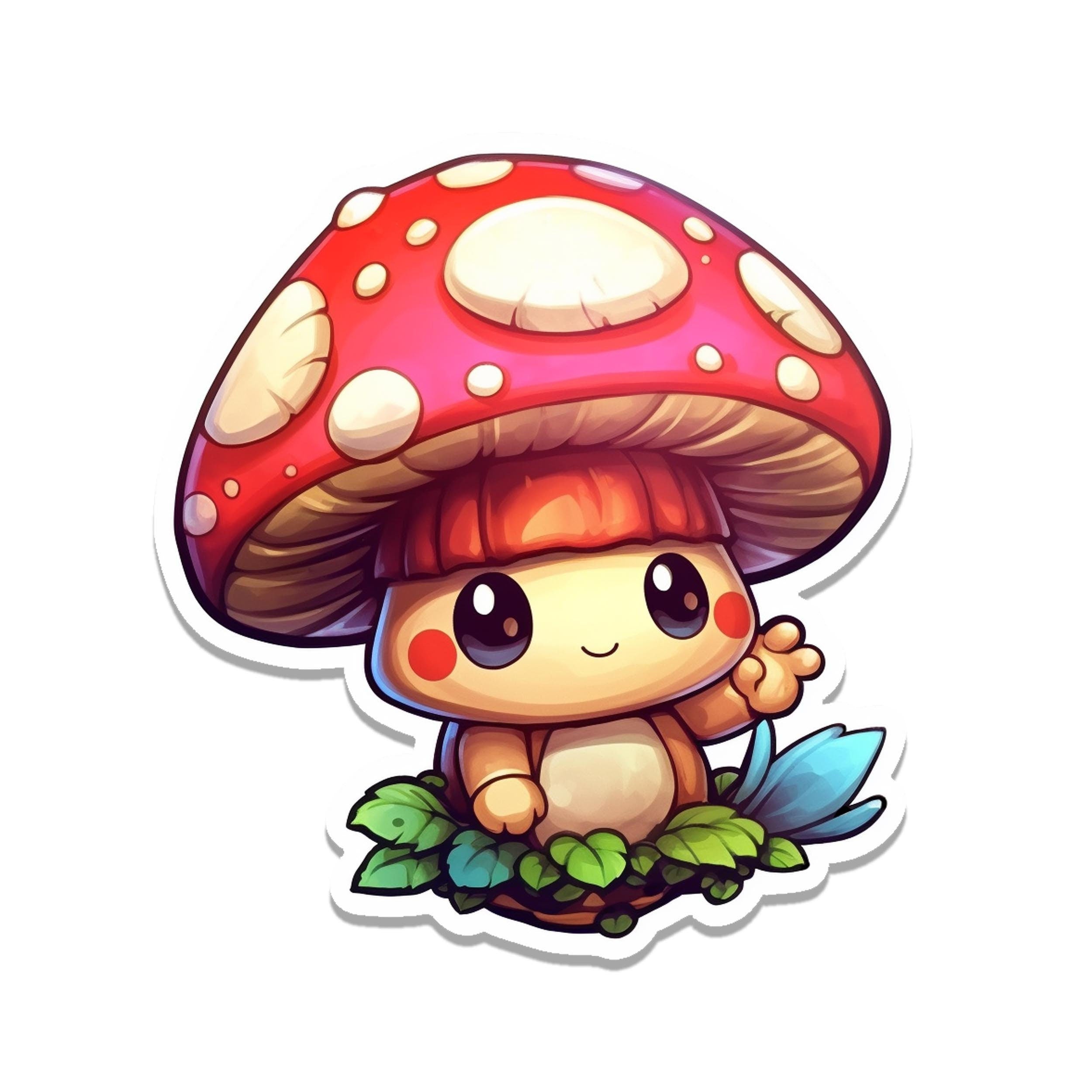 Cute cartoon mushroom sticker with red spotted cap, rosy cheeks, waving arm and tiny blue wings