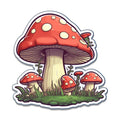 Mushroom patch sticker with large red-cap toadstool, smaller red mushrooms, beige stems on green grass