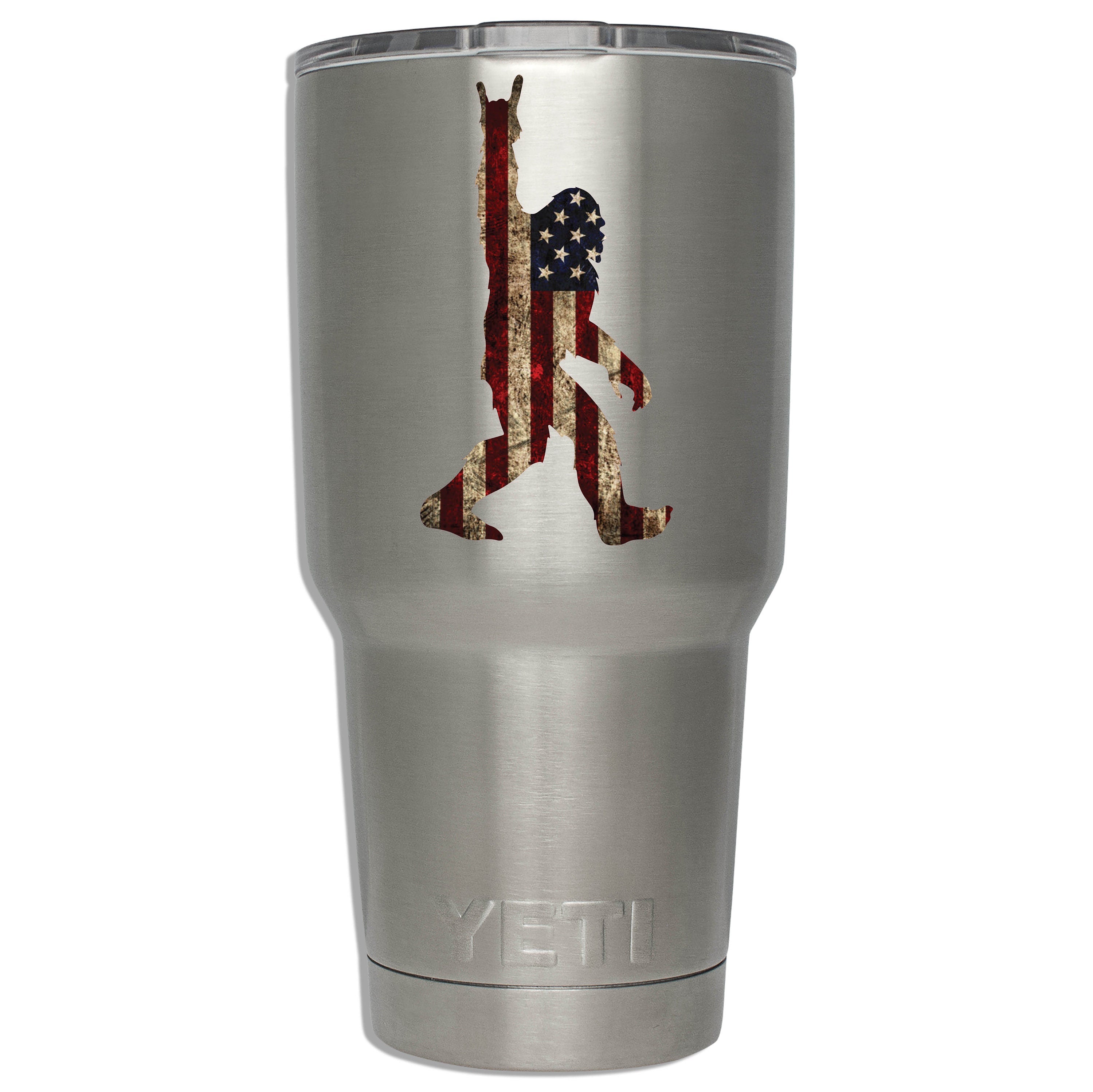 Rock On Sasquatch flag decal mounted on a stainless YETI tumbler showing scale on insulated drinkware