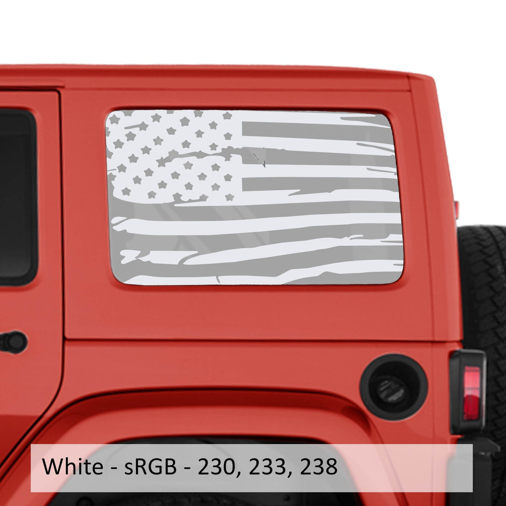 White tattered American flag transfer decal installed on JKU hardtop window of red Jeep Wrangler