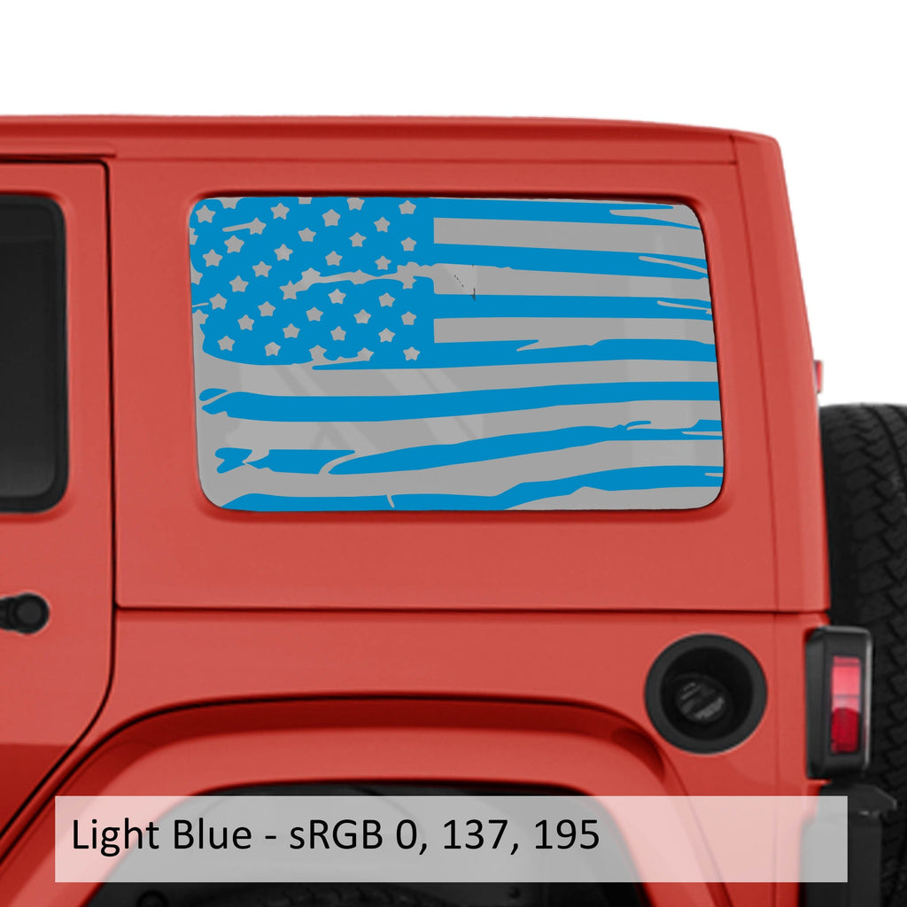 Light blue tattered American flag transfer decal installed on JKU hardtop window of red Jeep Wrangler