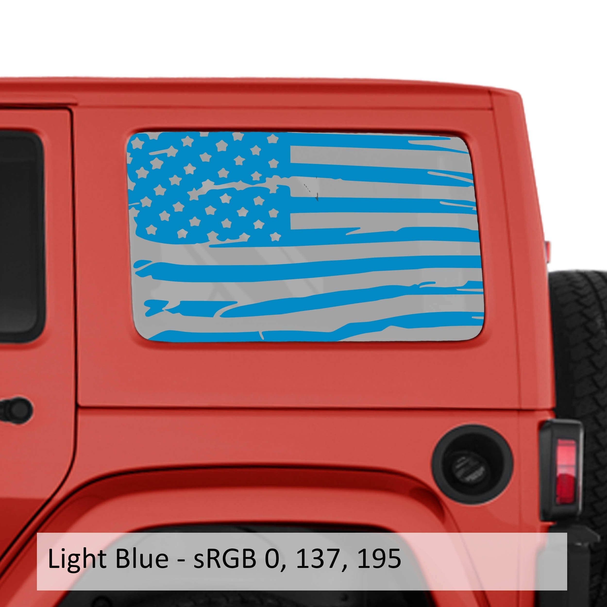Light blue tattered American flag transfer decal installed on JKU hardtop window of red Jeep Wrangler