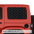 Black honeycomb hex mesh pattern hardtop window decal pair installed on red Jeep Wrangler JKU