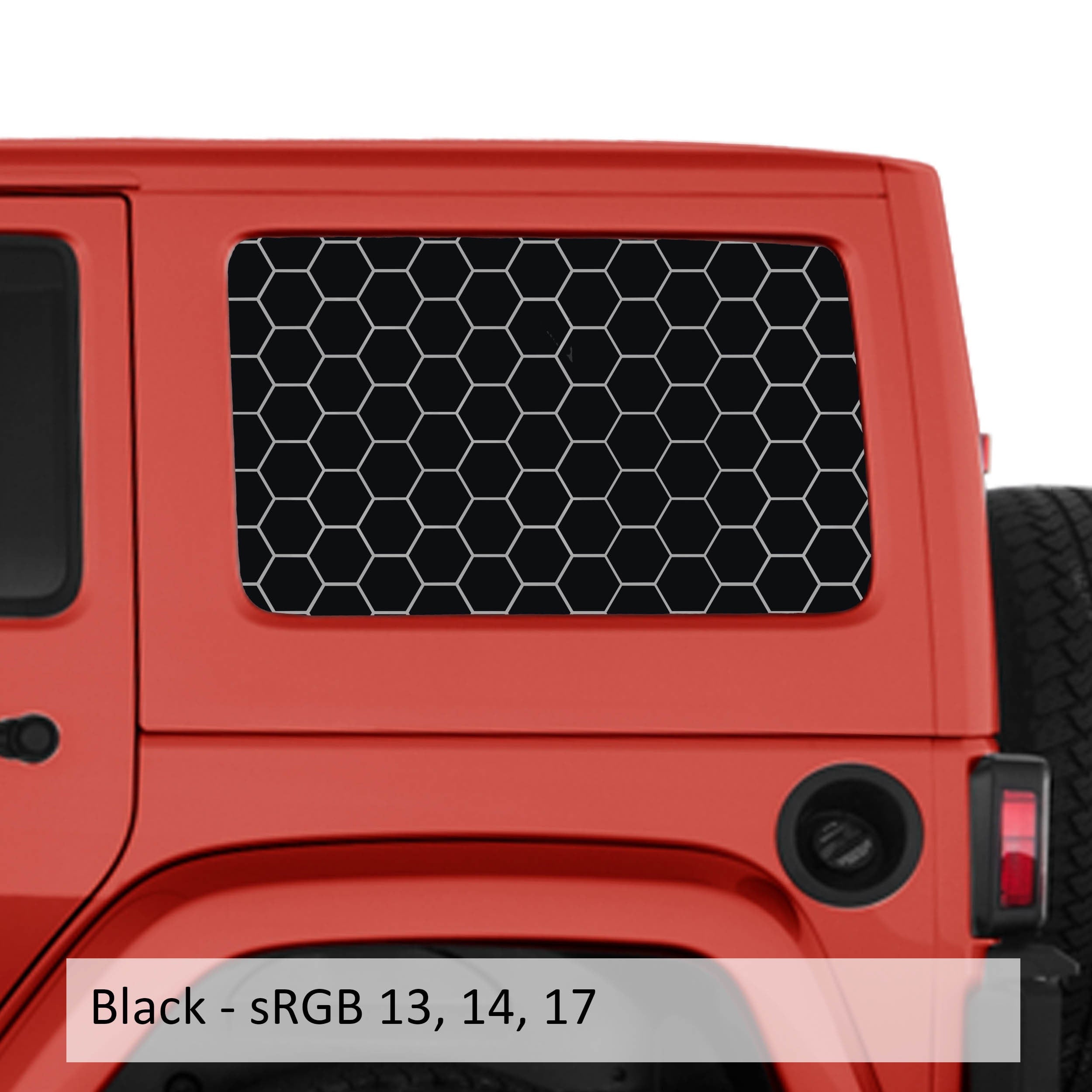 Black honeycomb hex mesh pattern hardtop window decal pair installed on red Jeep Wrangler JKU