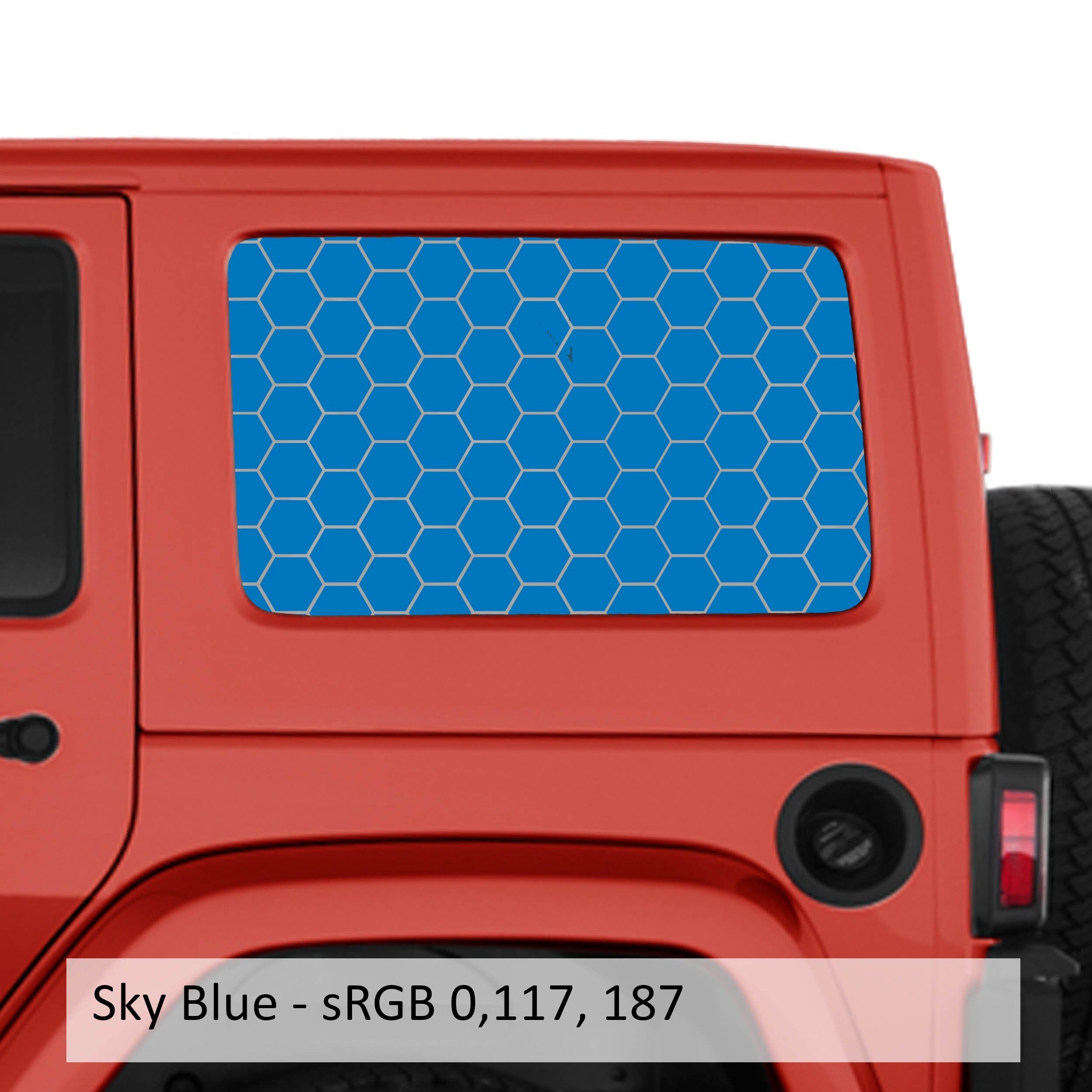 Brimstone yellow honeycomb hex mesh hardtop window decal pair installed on red Jeep Wrangler JKU