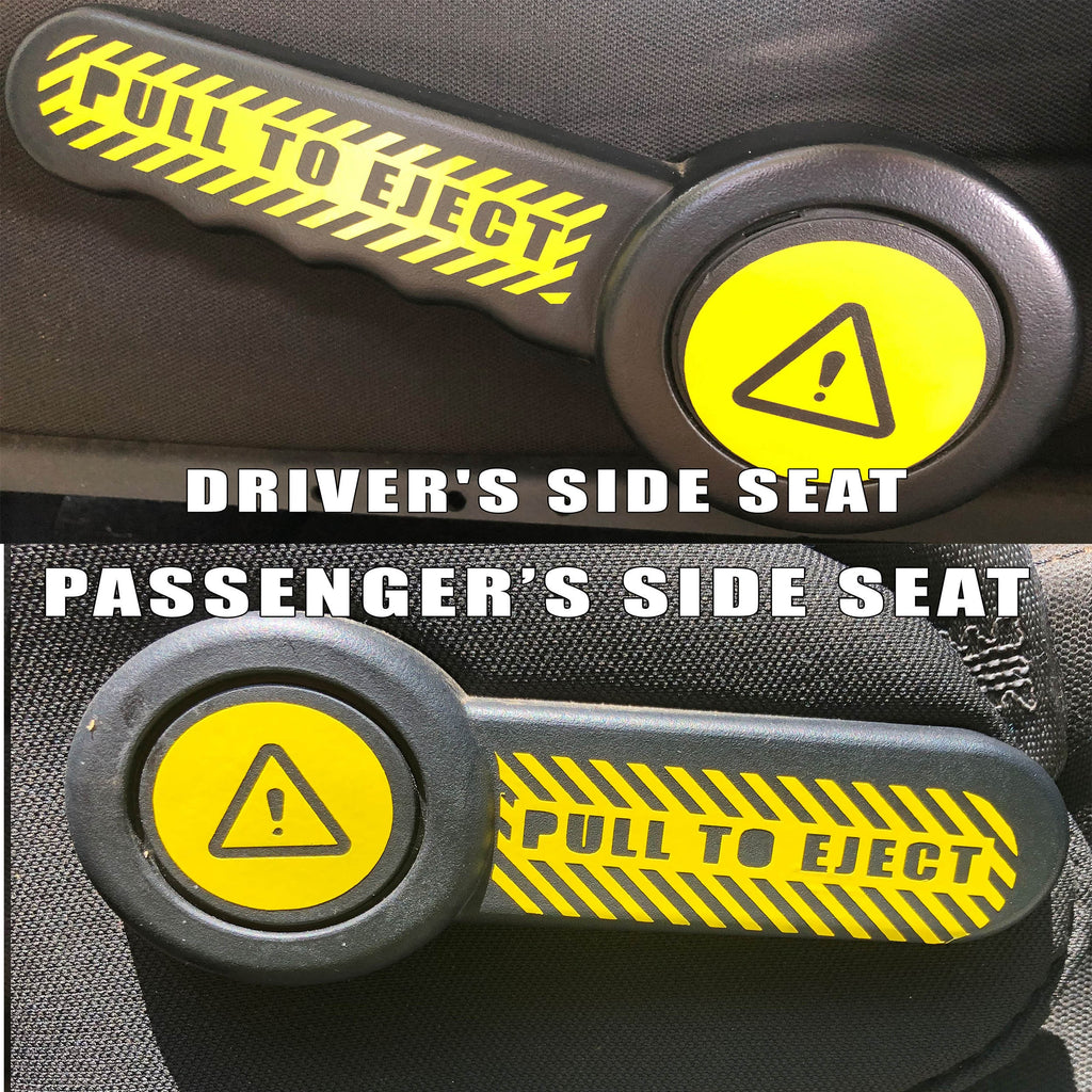 Yellow Pull to Eject seat lever decal set showing driver and passenger side orientation reference