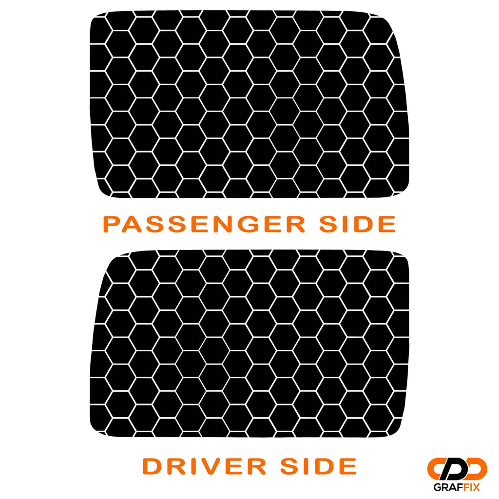 Mint honeycomb hex mesh pattern hardtop window decal pair installed on red Jeep Wrangler JKU