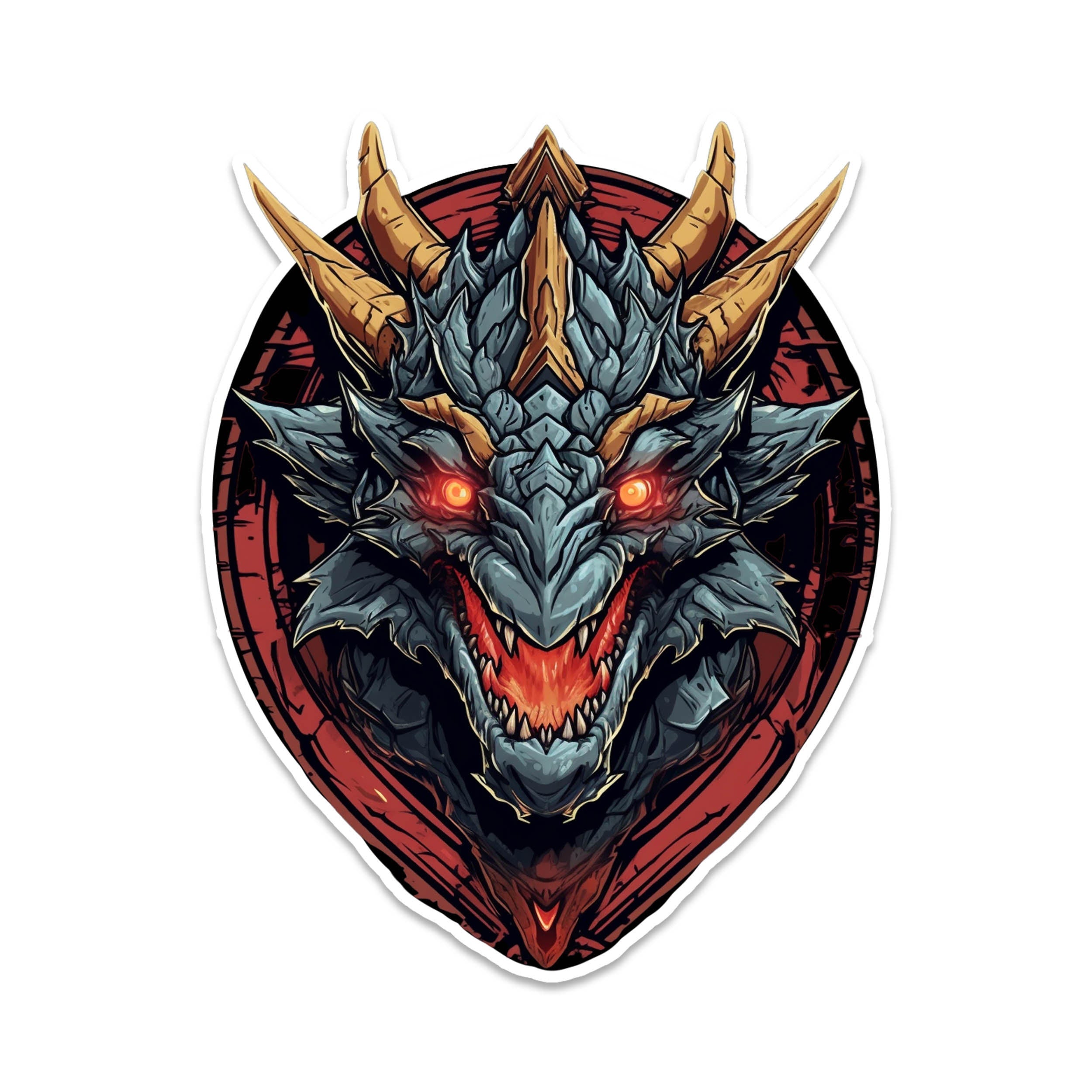 Mounted black dragon head sticker with glowing red eyes gold horns and fanged snarl on a deep red shield crest