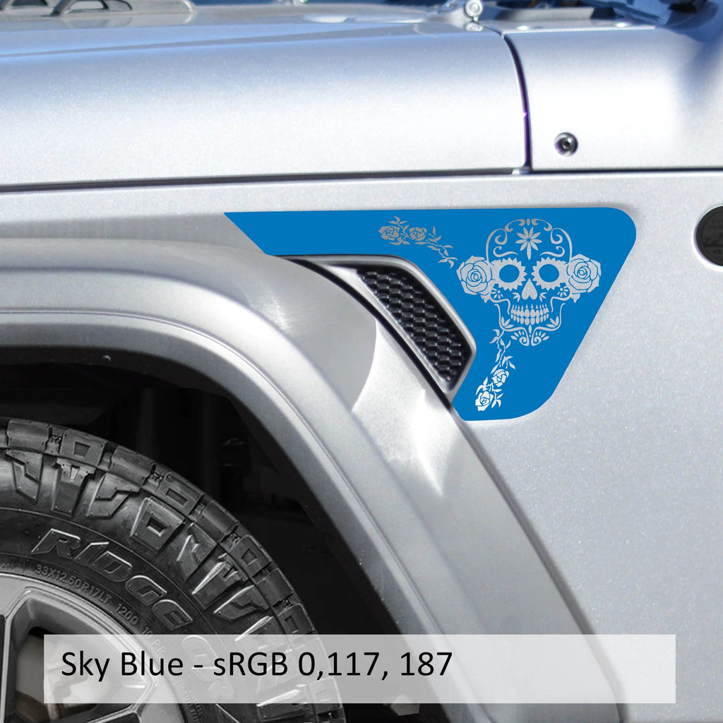 Sky blue sugar skull fender vent decal installed on silver Jeep Wrangler JL Gladiator billet vent