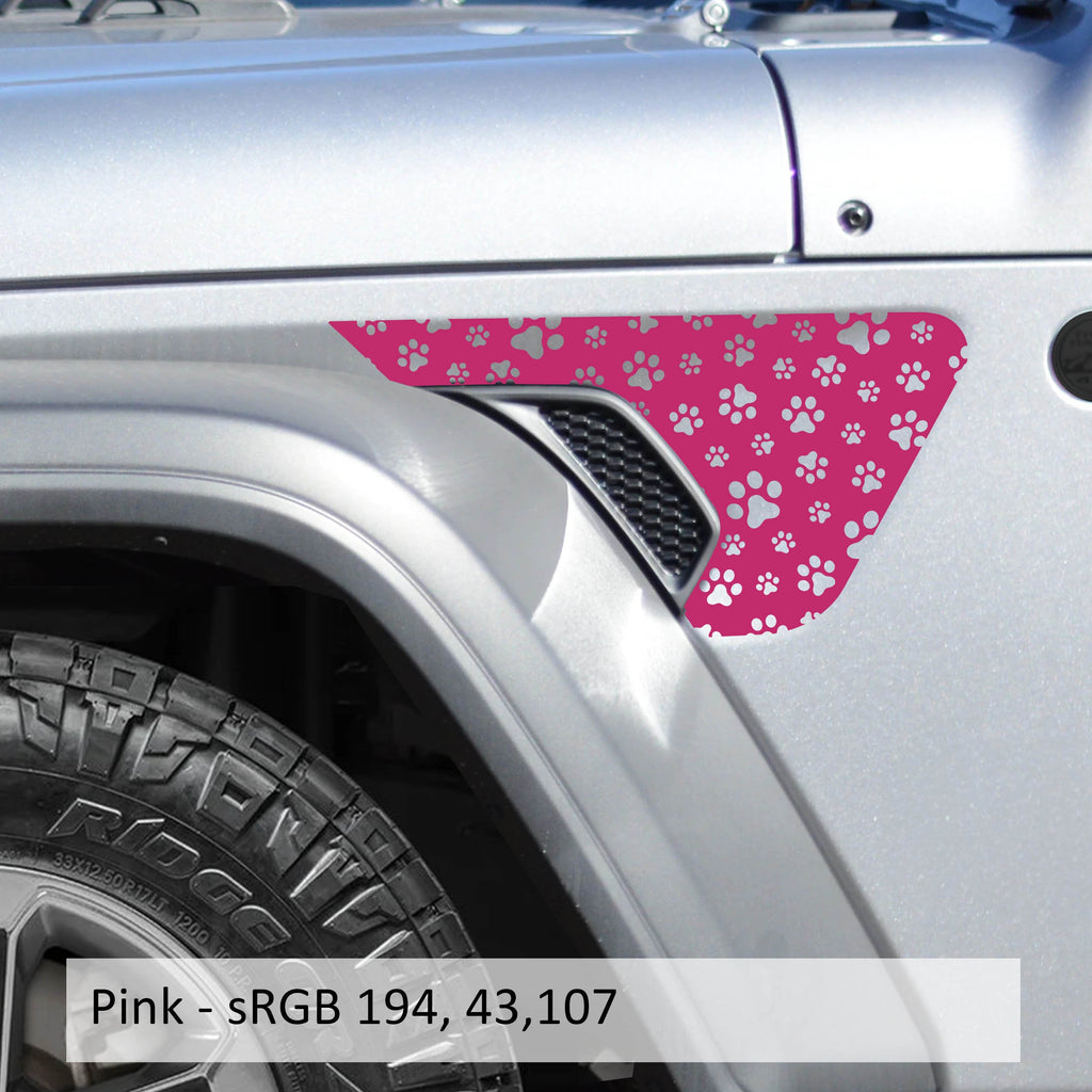 Pink dog paw print pattern fender vent decal shown installed on silver Jeep Wrangler JL fender