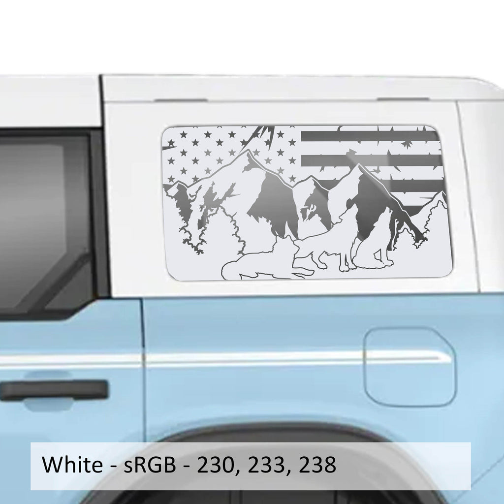 Wolf Mountain American Flag Rear Quarter Window Decals Fits 2021+ 4 Door Bronco Hardtops
