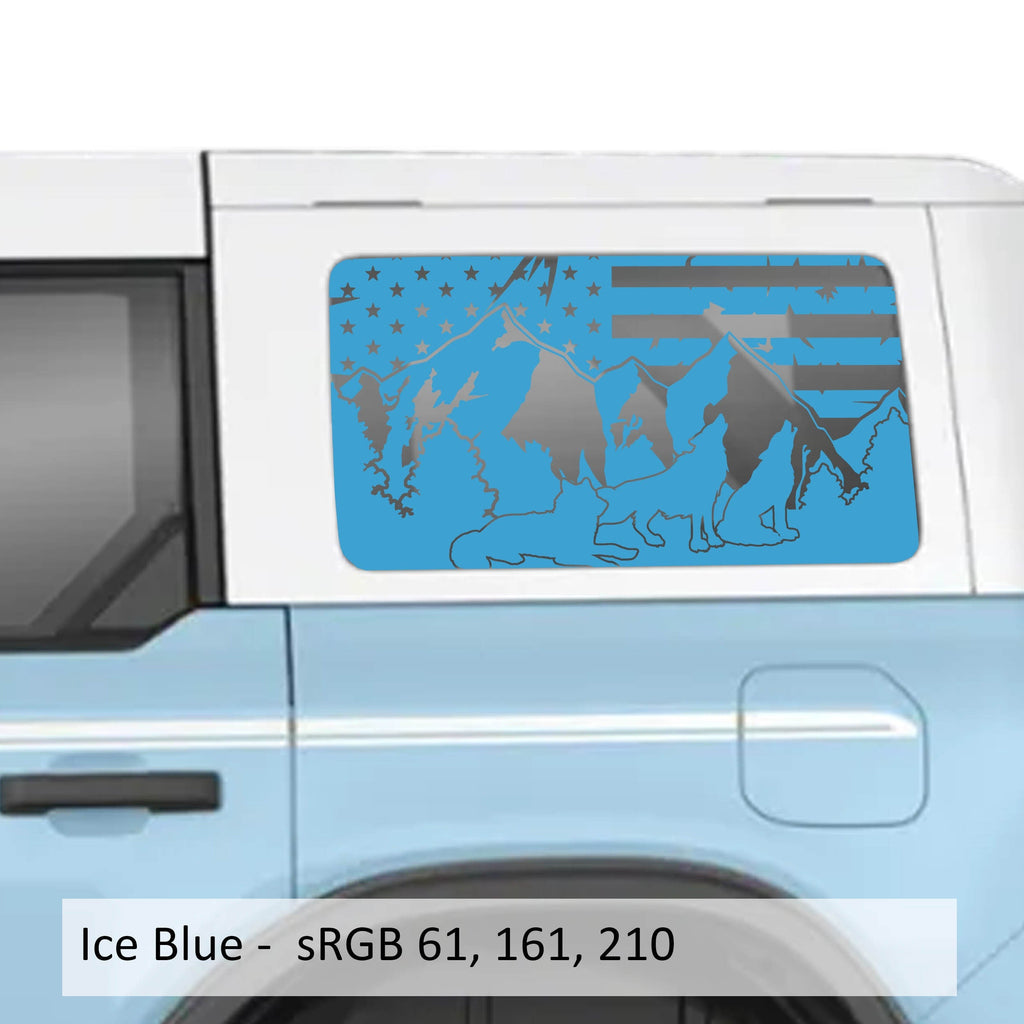Wolf Mountain American Flag Rear Quarter Window Decals Fits 2021+ 4 Door Bronco Hardtops