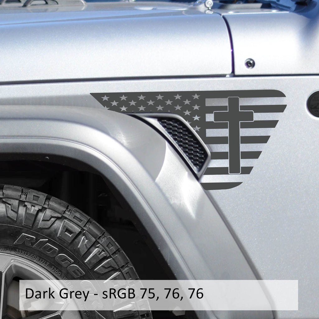 Cross On American Flag Fender Vent Vinyl Decal - Fits Jeep Wrangler JL/Jeep Gladiator JT 2018+