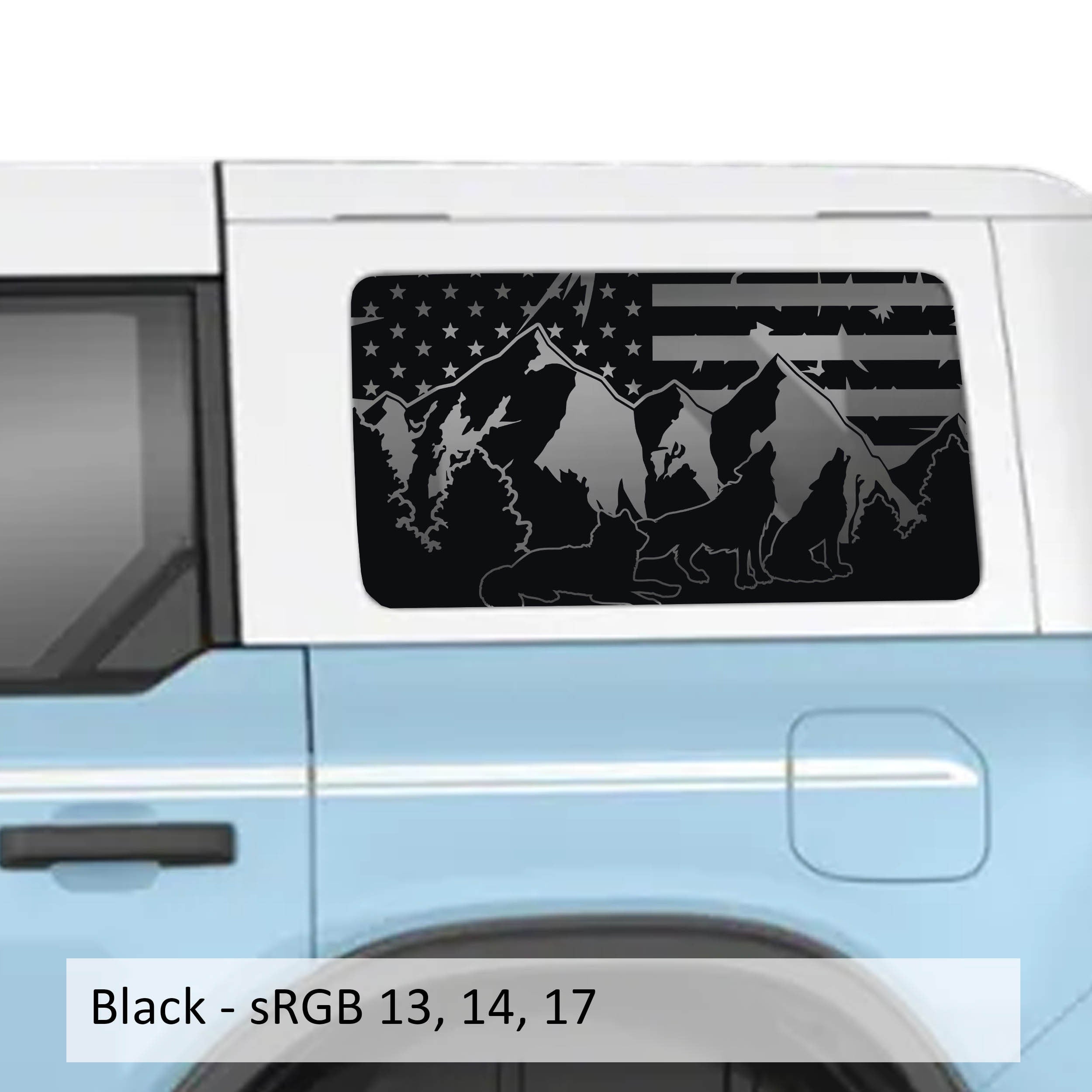 Wolf Mountain American Flag Rear Quarter Window Decals Fits 2021+ 4 Door Bronco Hardtops