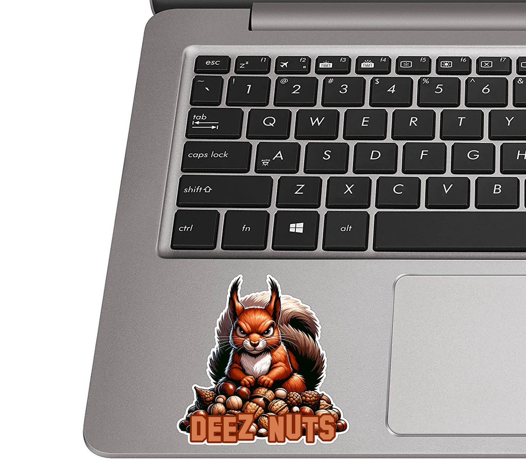 Deez Nuts! Angry Red Squirrel Standing Atop a Pile of Nuts Vinyl Sticker