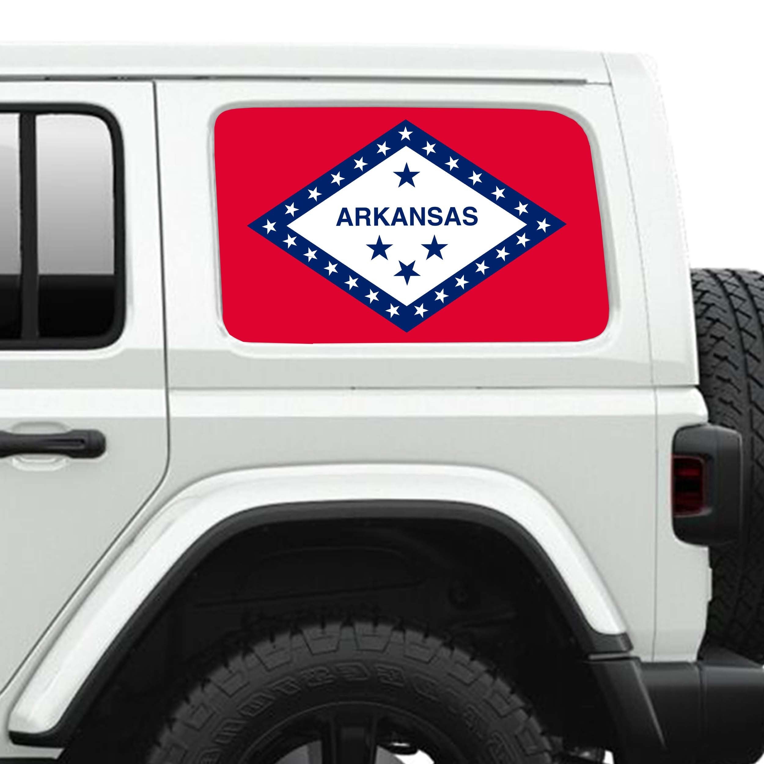 Arkansas State Flag Side Windows Printed Perforated See-Thru Vinyl Decal - Fits 2&4 Door Jeep Wranglers 2007 - Present.