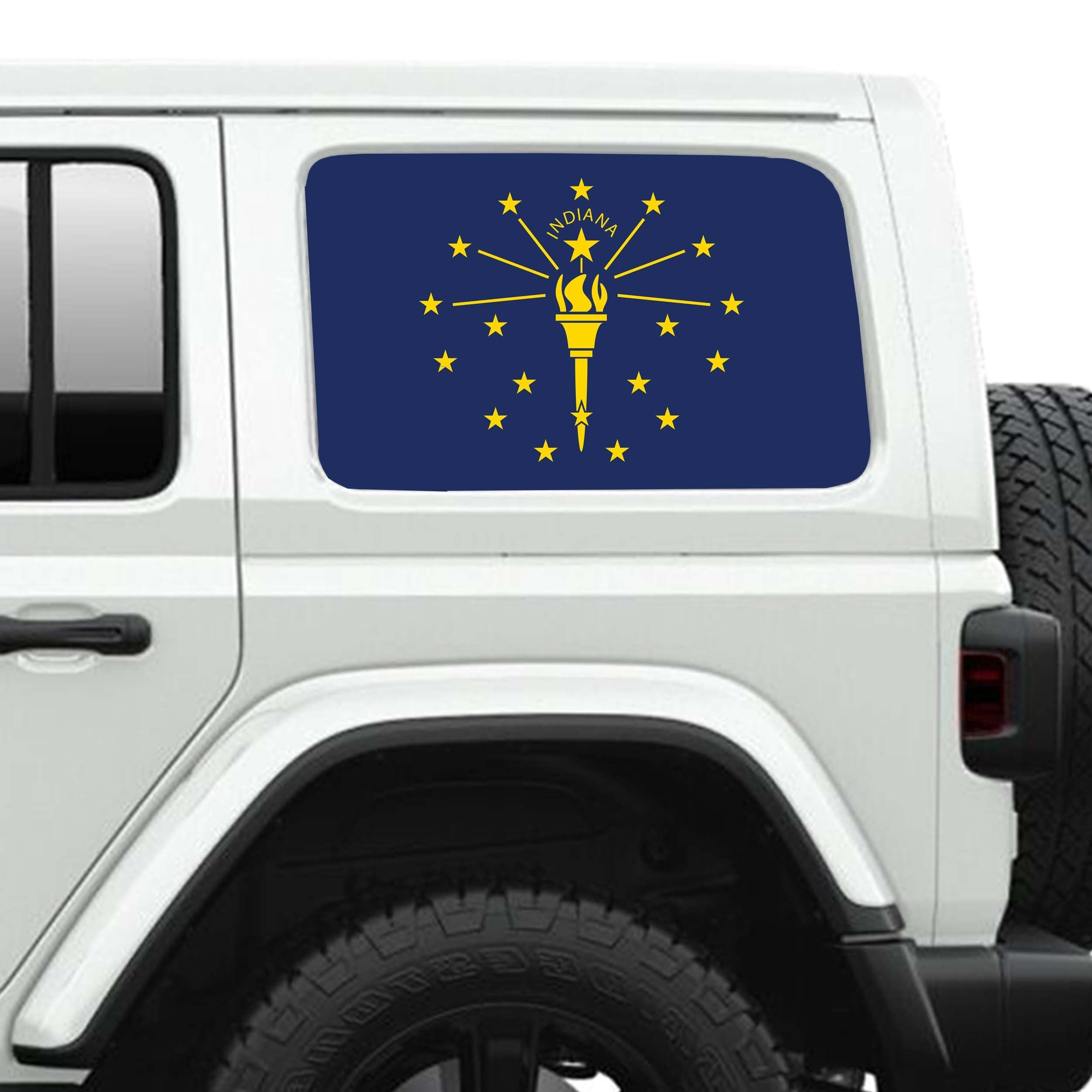 Indiana State Flag Side Windows Printed Perforated See-Thru Vinyl Decal - Fits 2&4 Door Jeep Wranglers 2007 - Present.