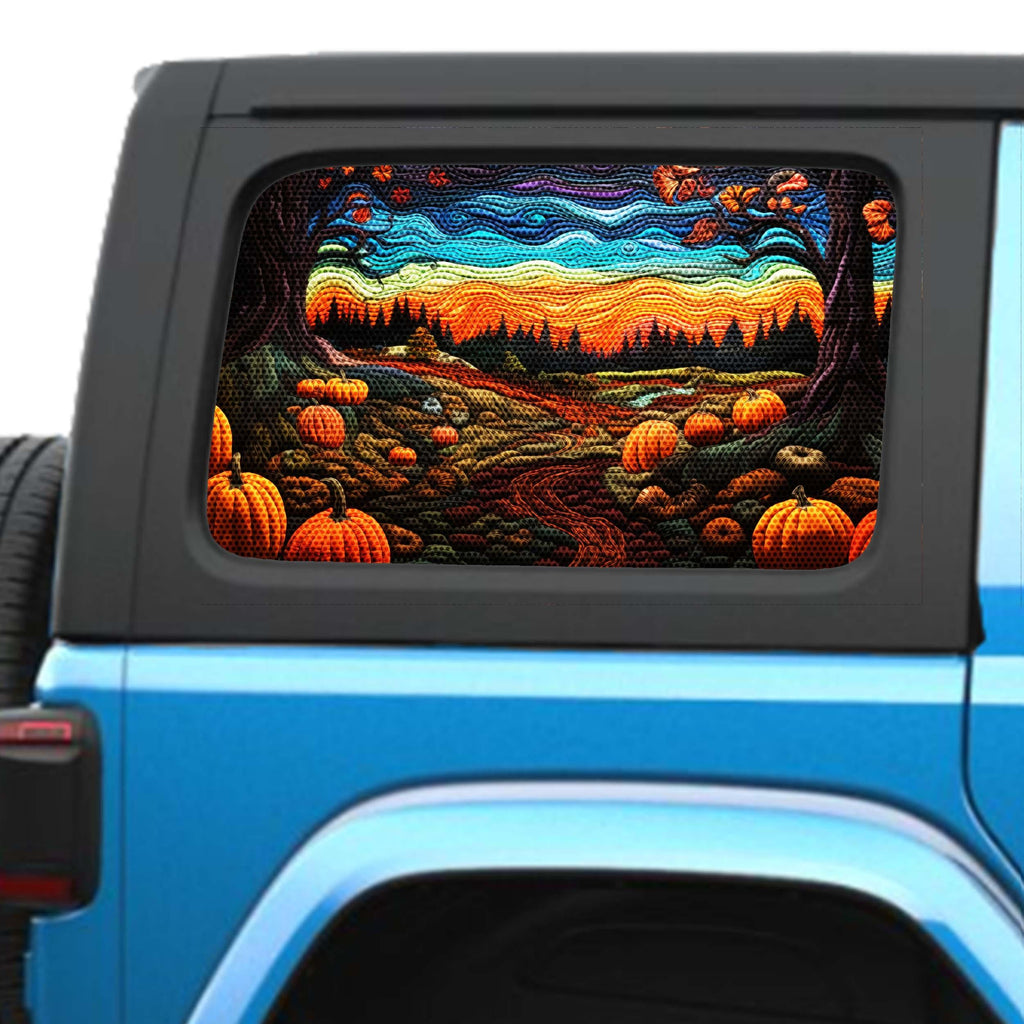 Halloween Quilted Pumpkin Side Windows Printed Perforated See-Thru Vinyl Decal - Fits 2&4 Door Jeep Wranglers 2007 - Present