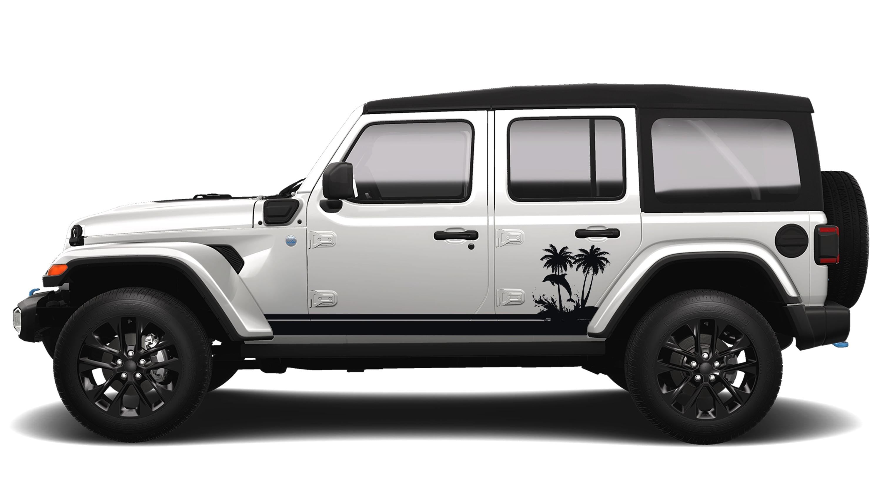Ocean Dolphin Wave and Palm Tree JLU Lower Rocker Vinyl Transfer Side Graphics Decal Fits Jeep Wrangler JLU 4 Door 2018 and Newer Model