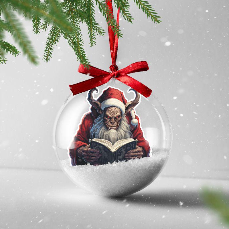 Krampus Storytime snow globe Christmas ornament with red ribbon