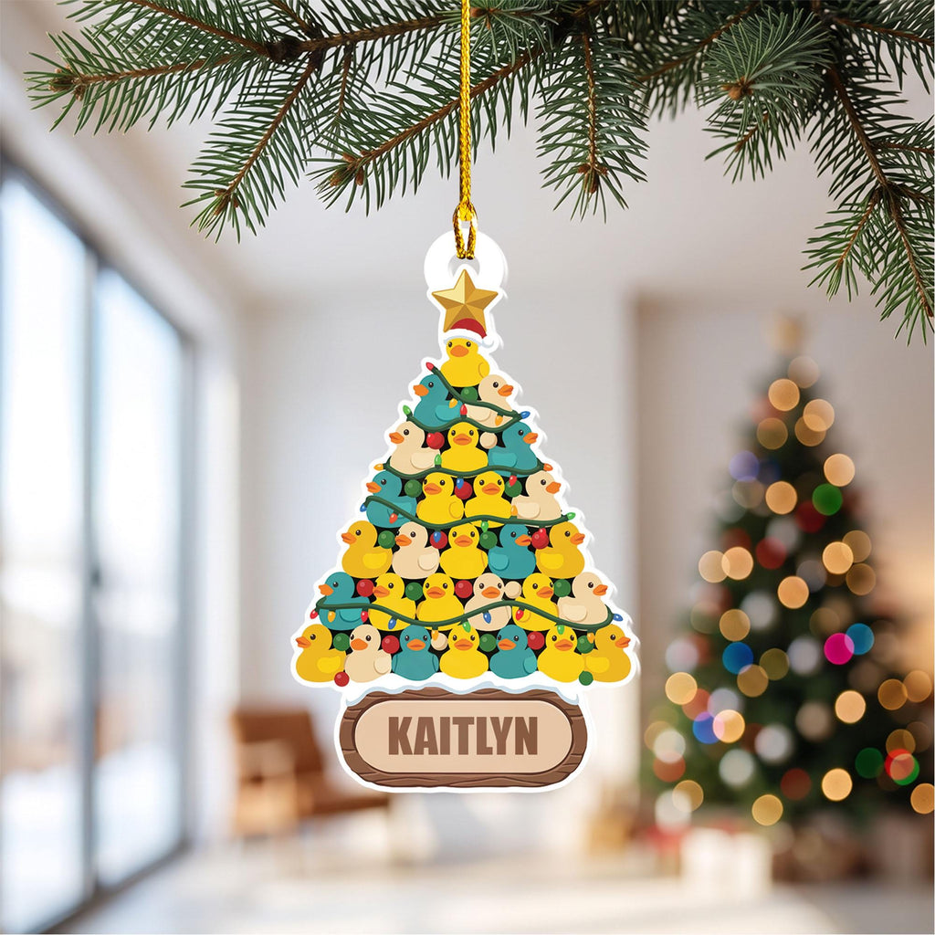 Personalized rubber duck Christmas tree ornament with a custom name plate