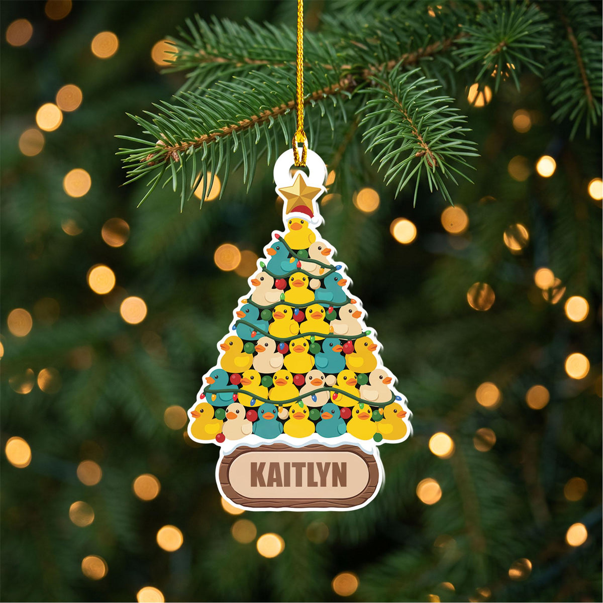 Personalized rubber duck Christmas tree ornament with a custom name plate