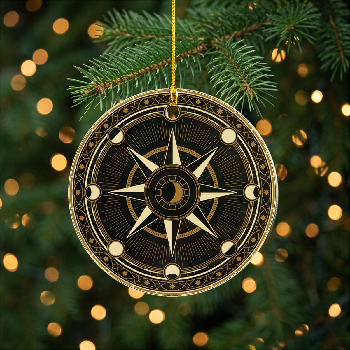 Celestial moon phase black and gold acrylic Christmas ornament