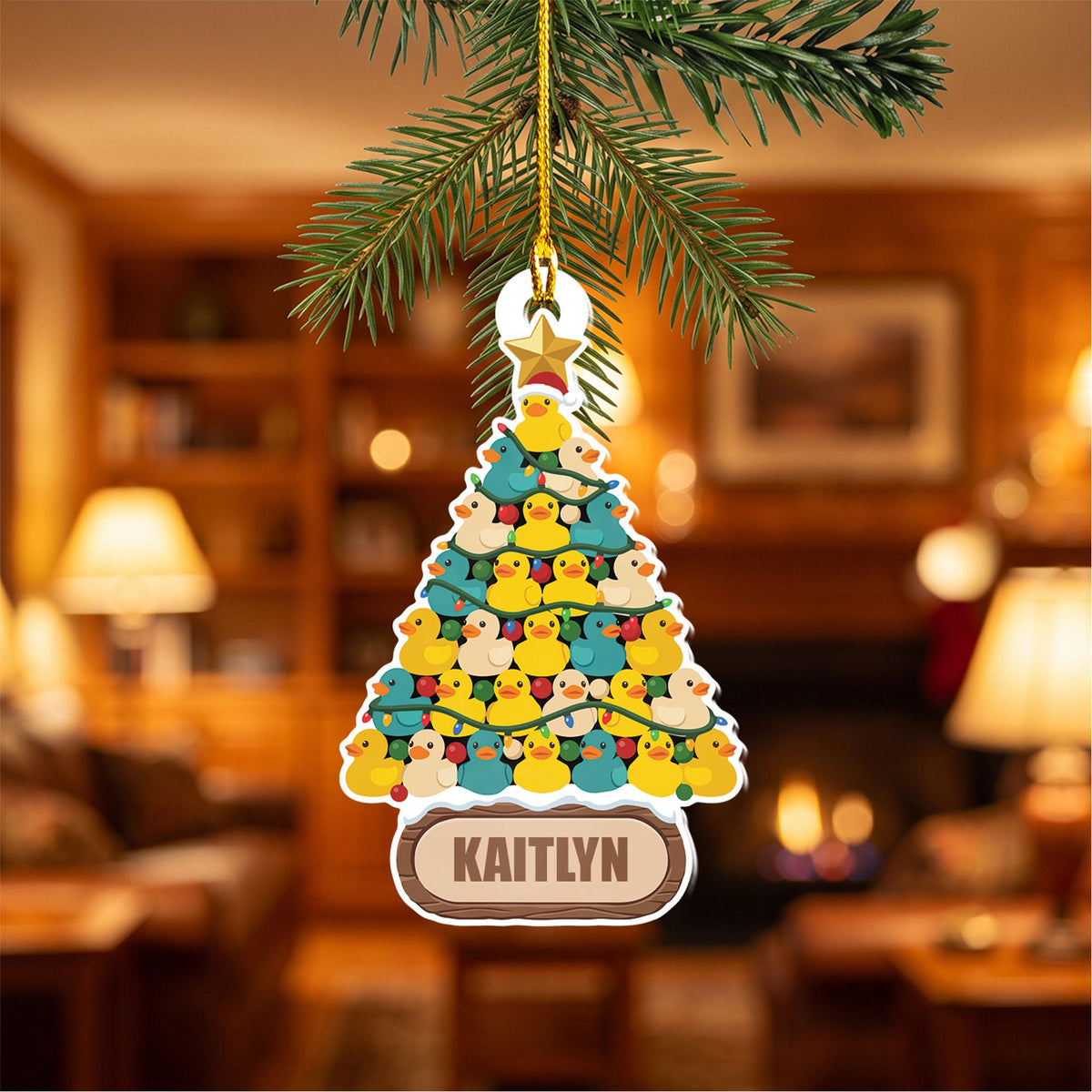 Personalized rubber duck Christmas tree ornament with a custom name plate