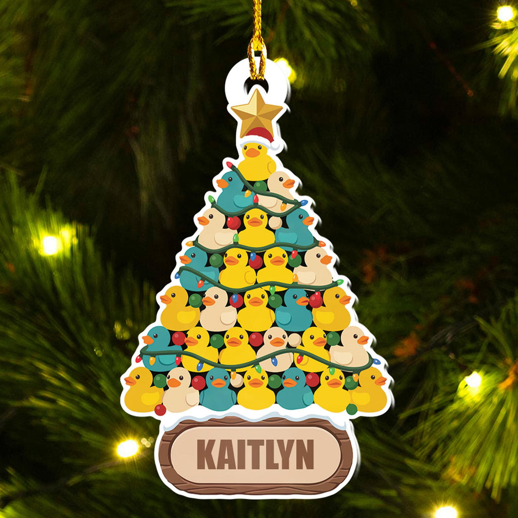 Personalized rubber duck Christmas tree ornament with a custom name plate