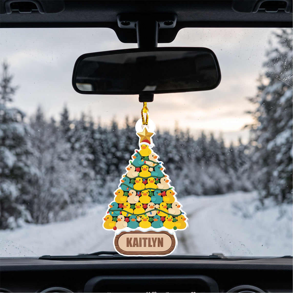 Personalized rubber duck Christmas tree ornament with a custom name plate
