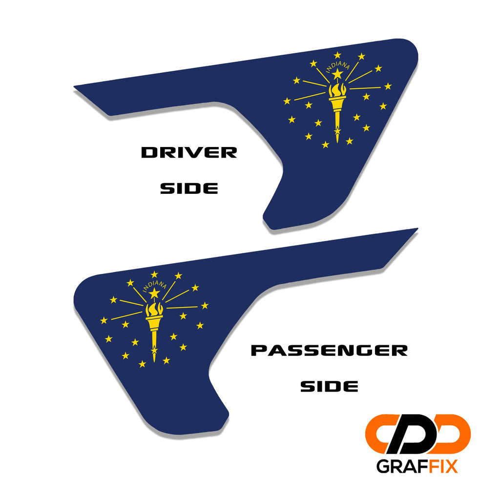 Indiana flag fender vent decal applied to Jeep billet vent panel close-up product view