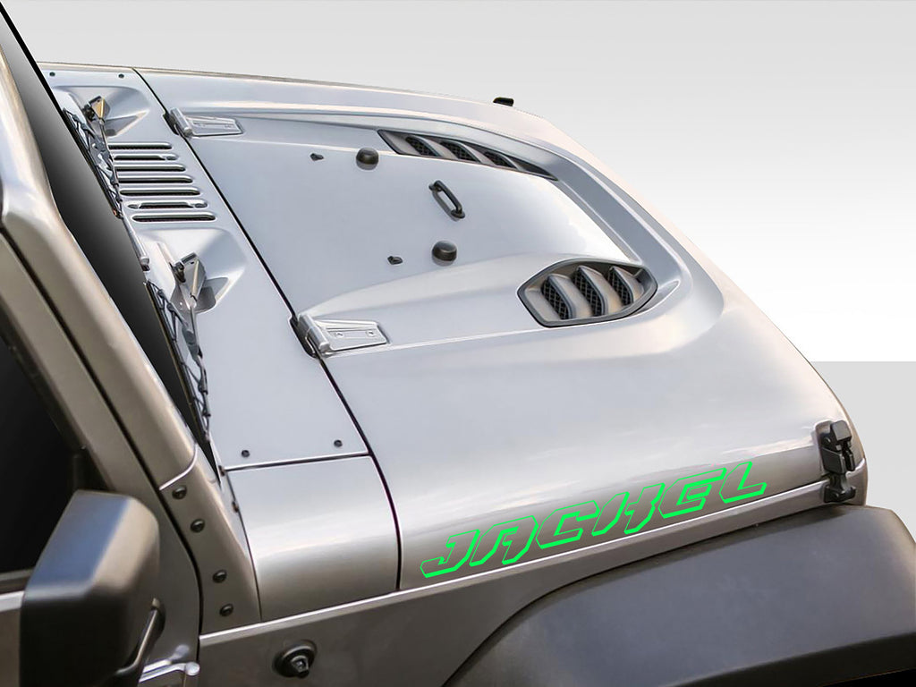 Jackel font sample for custom text Jeep hood lettering decal shown in sharp angular black letters